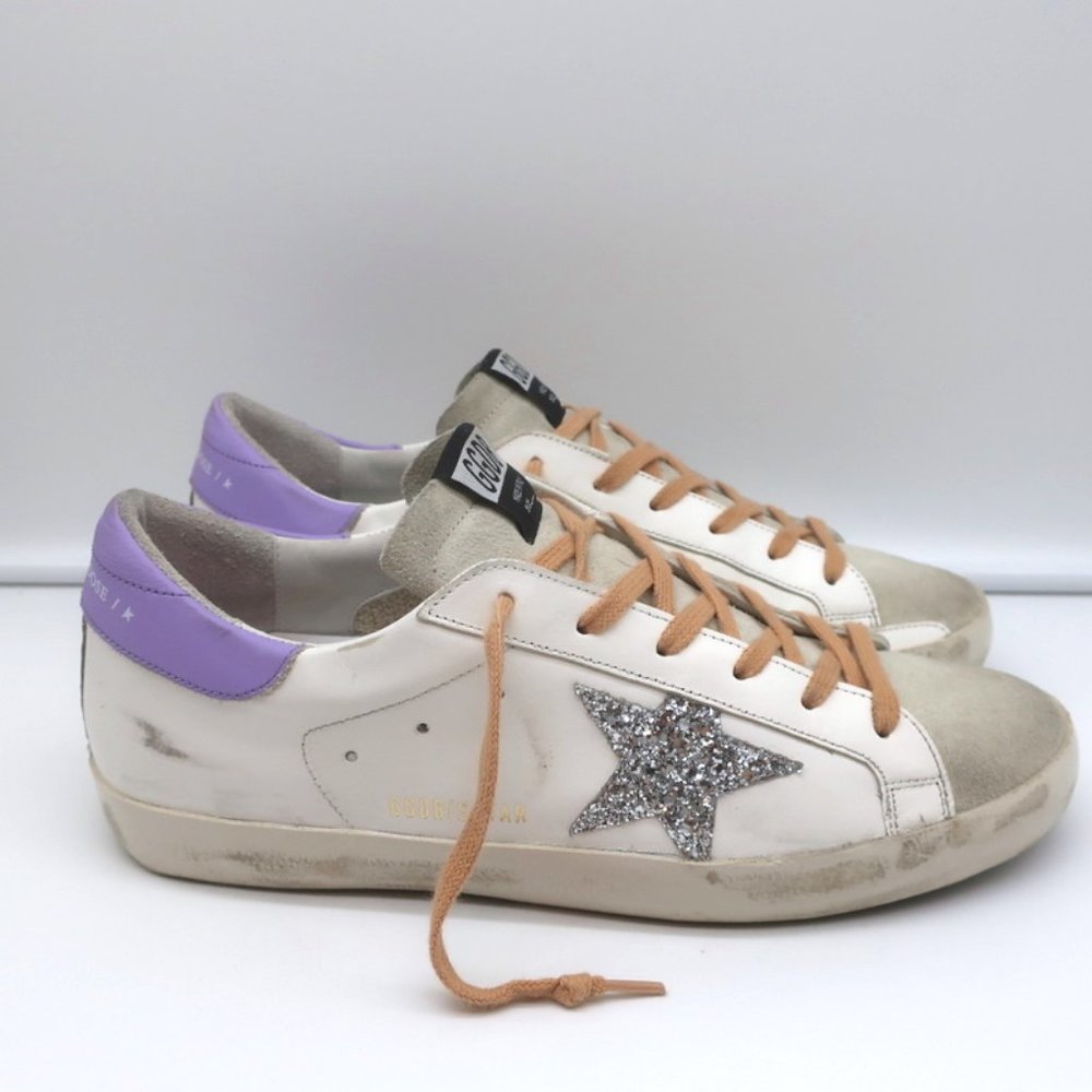 GOLDEN GOOSE SUPERSTAR GLITTER STAR SNEAKERS WHITE/PURPLE LEATHER SIZE 41 - Picture 1 of 11